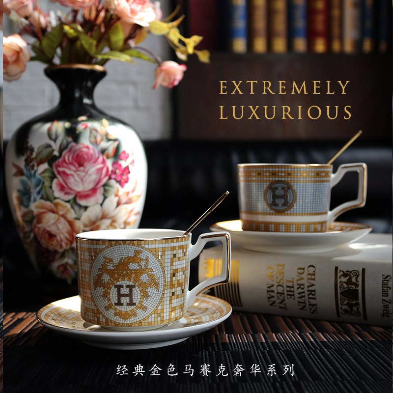 欧式金色马赛克咖啡杯碟套装奢华家用陶瓷杯碟勺带杯架轻奢复古风