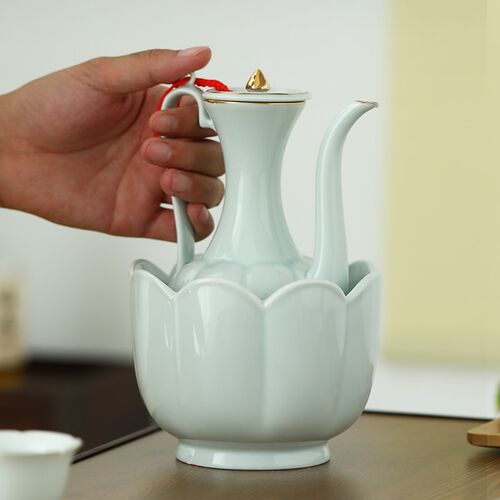 陶瓷温酒壶烫酒热酒壶中式老式温酒器仿宋瓜棱手执壶温酒套装家用