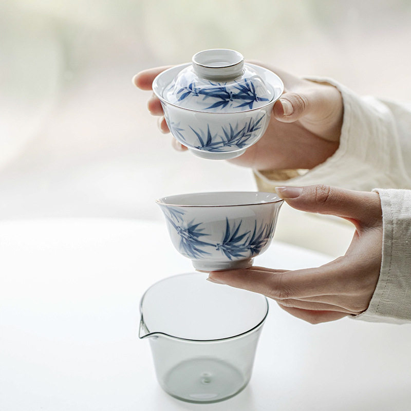 手绘青花竹旅行茶具套装快客杯户外盖碗随身便携功夫茶具一壶一杯