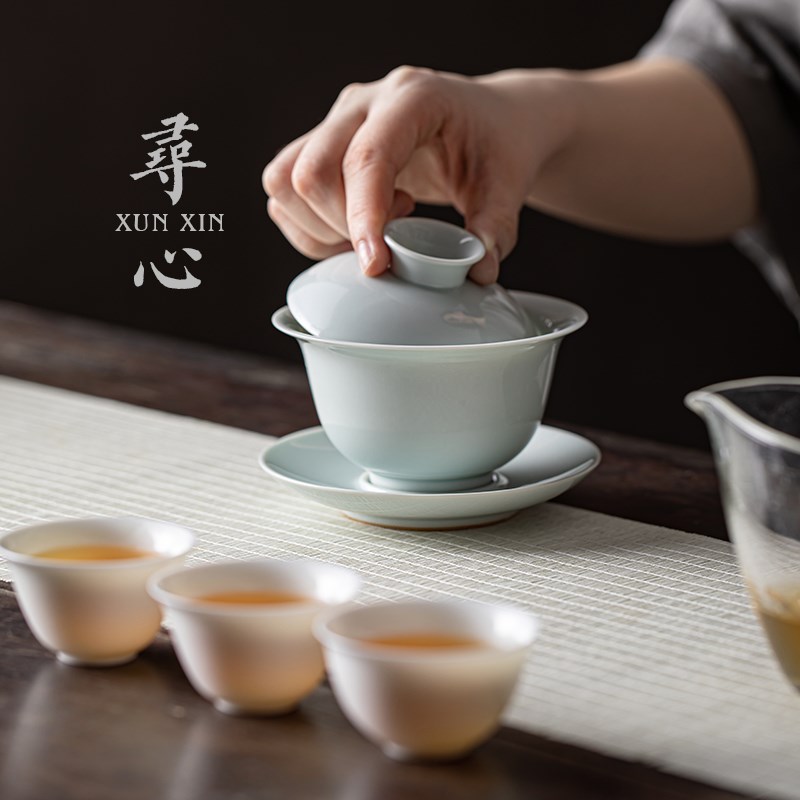 寻心仿古胎三才盖碗茶杯陶瓷家用防烫大容量不烫手泡茶器普洱茶碗