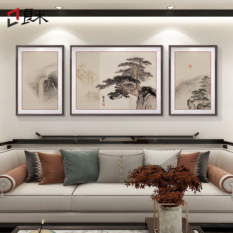 迎客松客厅装饰画新中式沙发背景墙三联画大气山水画水墨竹子挂画