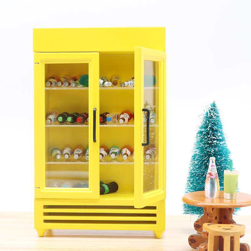 1:12娃娃屋dollhouse迷你家具木质冰箱商店微场景饮料彩色冰柜