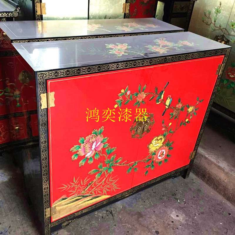推光漆器玄关柜实木手工彩绘新中式古典漆画做旧装饰柜子客厅家具