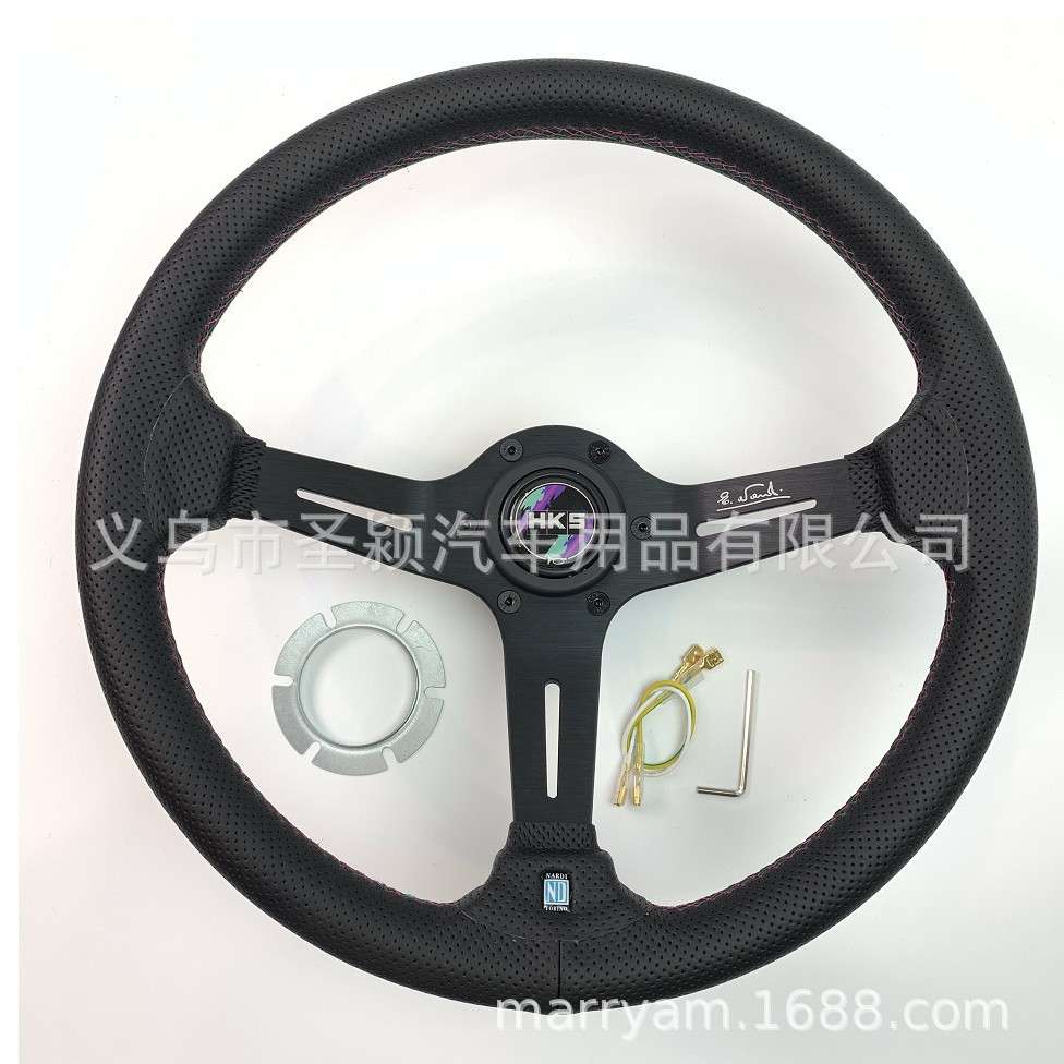 跨境热销汽车改装方向盘14寸HKS中凹条孔皮革方向盘赛车运动转向