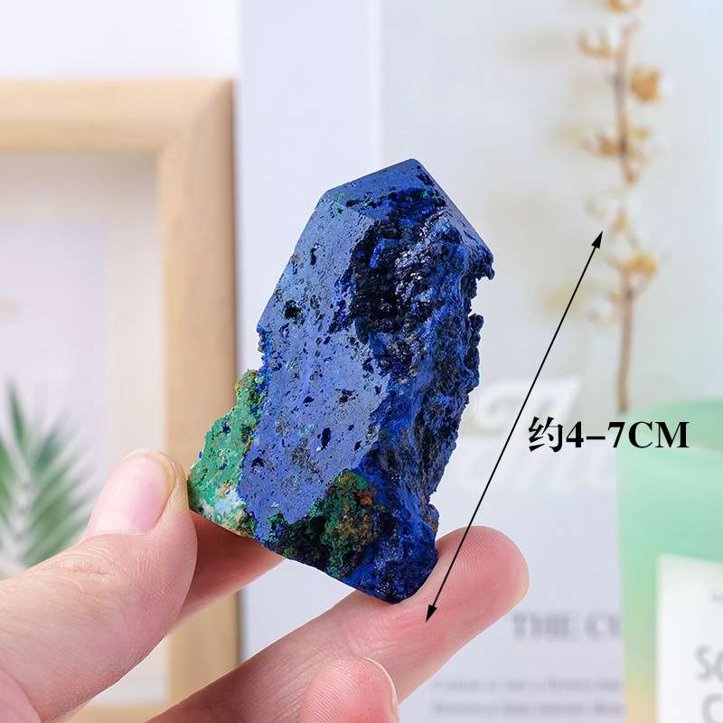 天然水晶蓝铜矿四面柱原石矿标打磨蓝铜矿孔雀石共生石水晶柱摆件