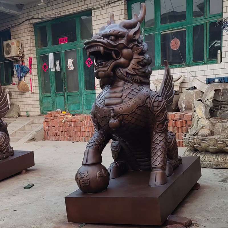 大型铸铜动物麒麟雕塑纯铜铸造铜麒麟铜貔貅铜狮子公司门口摆件