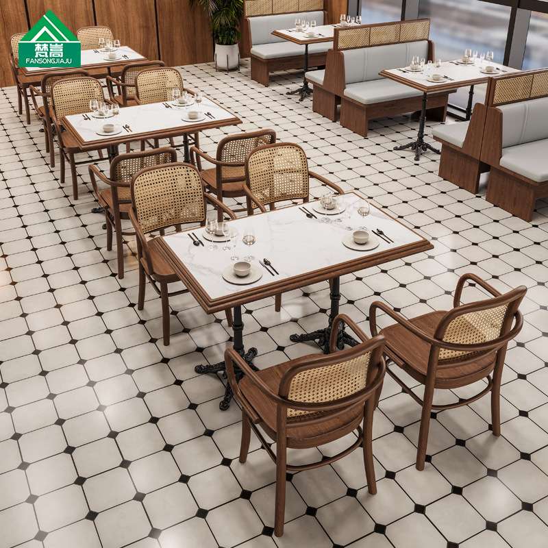 茶餐厅实木藤编椅泰式主题餐厅茶楼卡座沙发西餐厅火锅店桌椅组合
