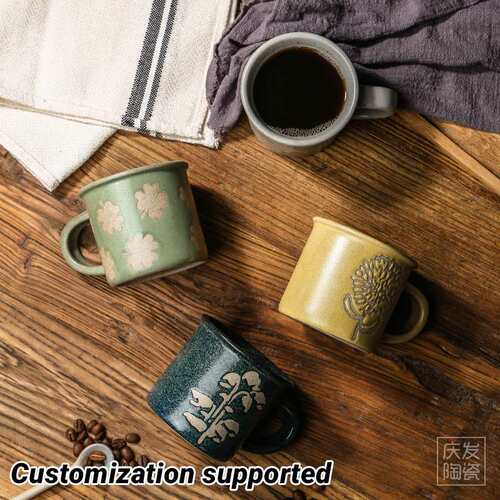 Vintage Embossed Printing Clay Pottery Coffee Mugs and Cup