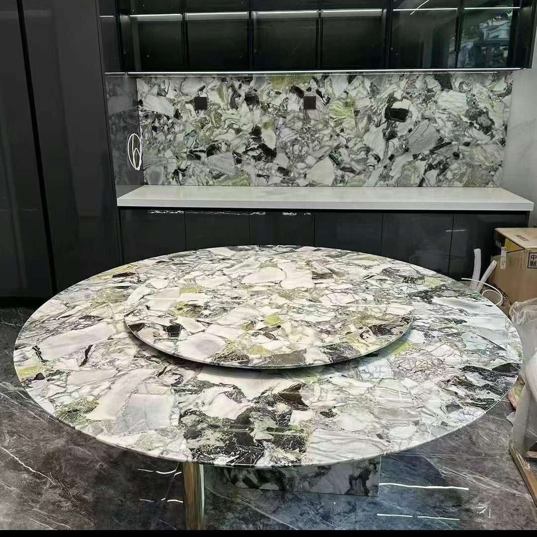 冷翡翠奢石餐桌岛台厨房大理石台面 轻奢石材桌面圆桌板