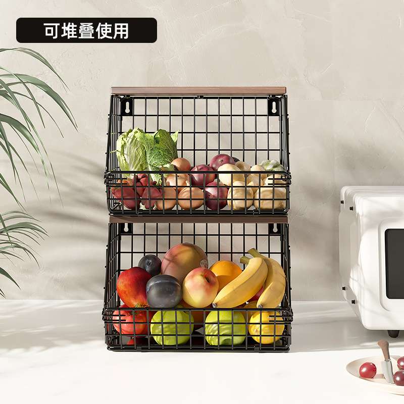 现货多用途收纳筐厨房壁挂式调料品储物篮可堆叠带挂钩蔬果收纳篮