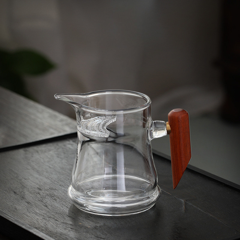 汇茶玻璃公道杯侧把木柄分茶器茶漏一体月牙公杯绿茶茶海茶具零配