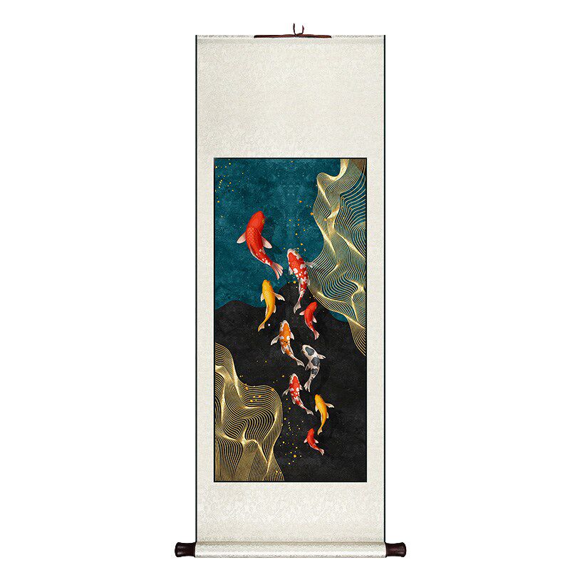 九鱼图卷轴挂画竖版新中式玄关走廊过道装饰画酒店餐厅书房墙壁画