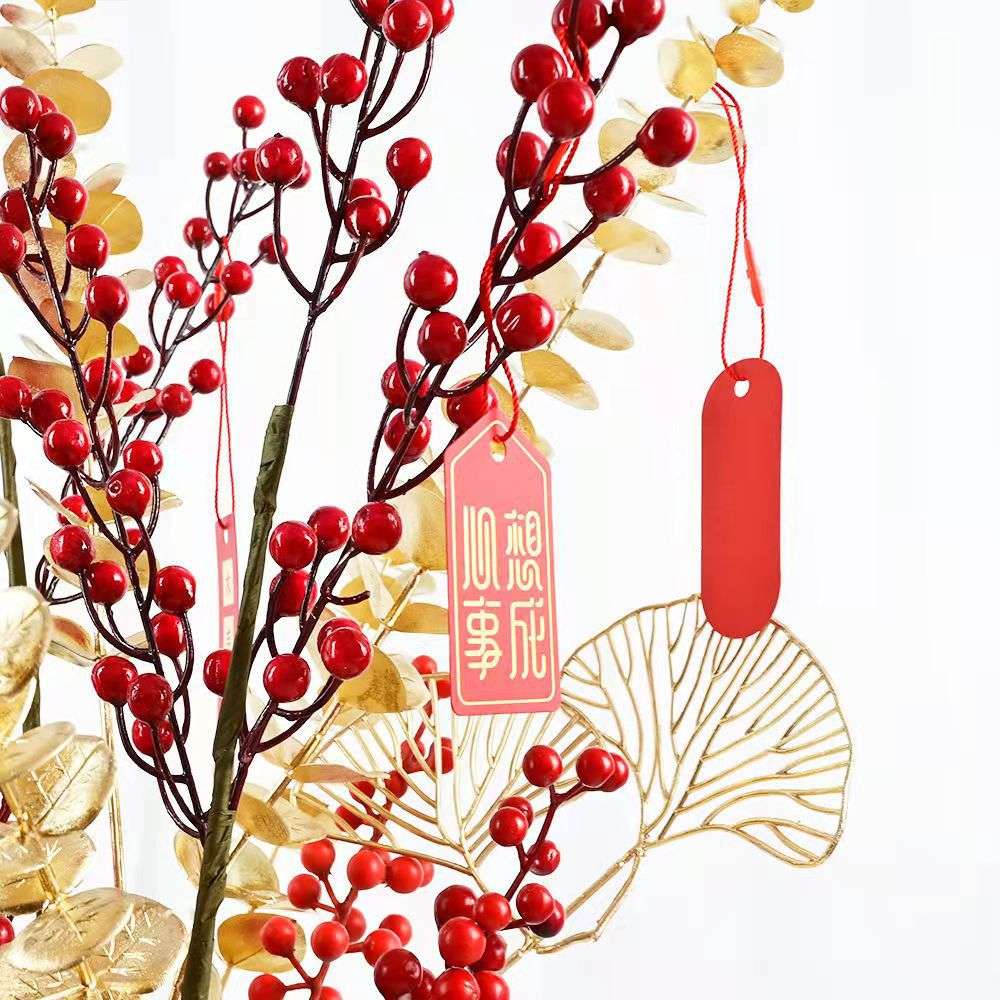 过年花摆件新年福桶冬青发财红果子仿真的花高档跨境新款客厅摆放
