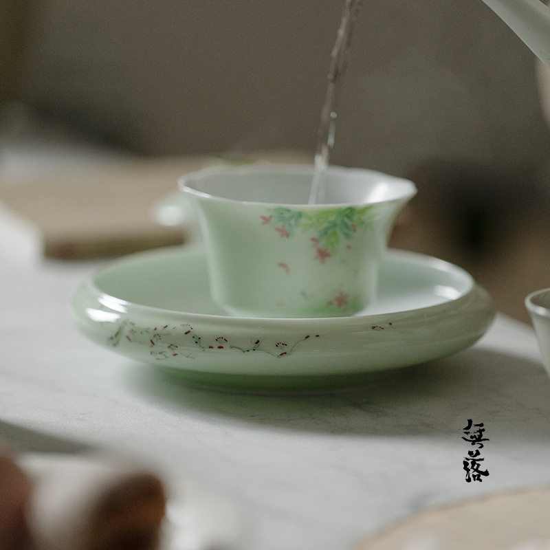 无落果青釉下粉彩手绘文砚探幽花口壶承干泡茶席干泡盘茶台茶盘