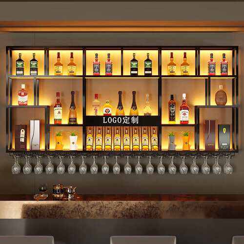 带灯酒架酒柜壁挂式酒水展示架餐厅墙壁挂式红酒架铁艺置物架