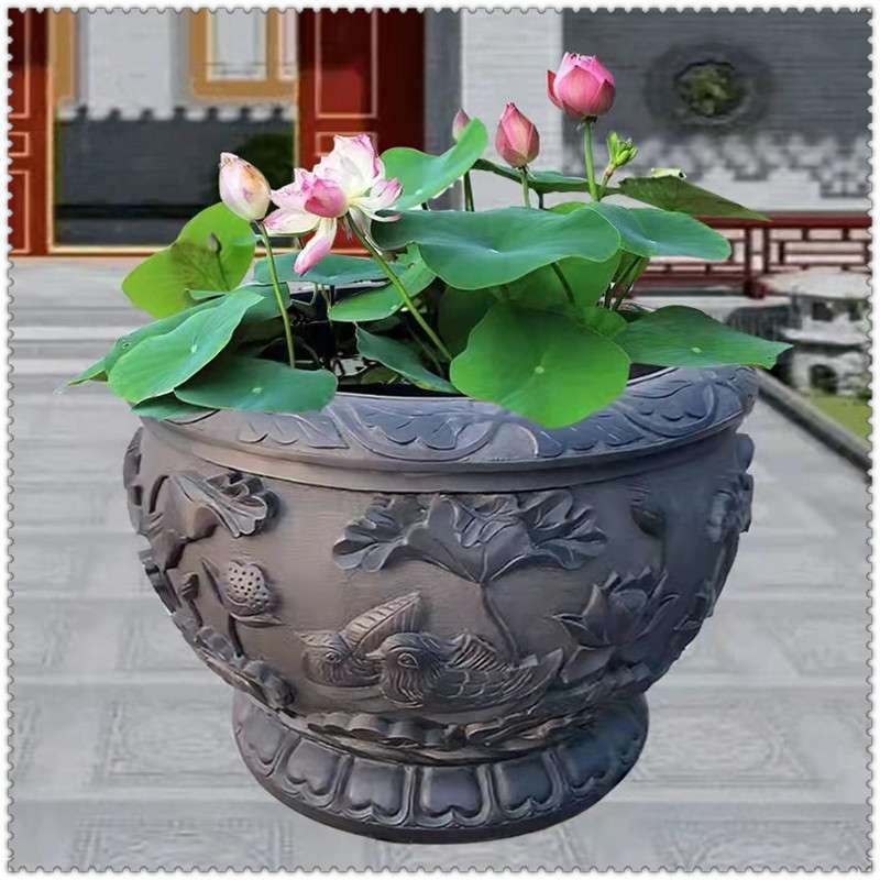 青石仿古鱼缸花盆 庭院造景流水摆件石雕养鱼圆缸户外石头花盆