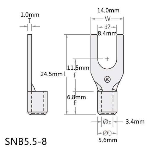 SNB5.5-8冷压叉形端子 紫铜叉型接线端子M8插拔式接线头 UT裸端头