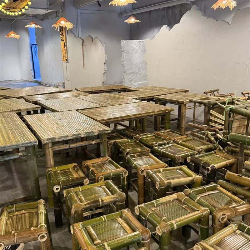 传统纯手工竹桌椅火锅餐桌子复古户外庭院围炉煮茶开孔竹桌椅子