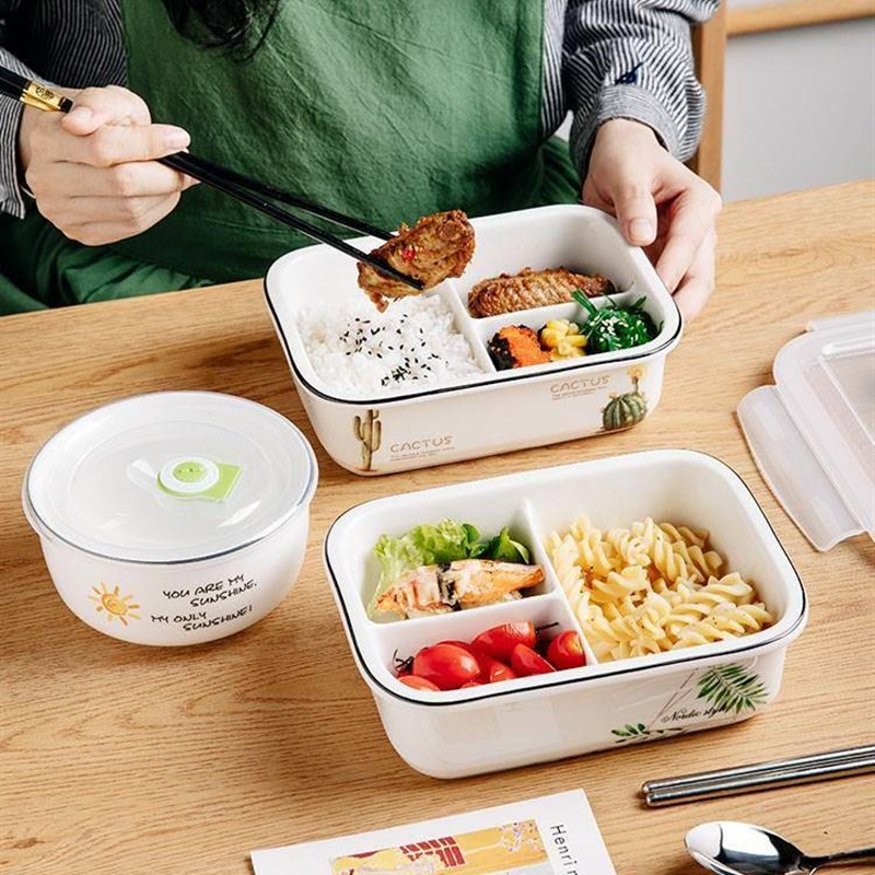 饭菜分离饭盒微波炉专用陶瓷分格便当盒带盖密封上班族带饭三格多