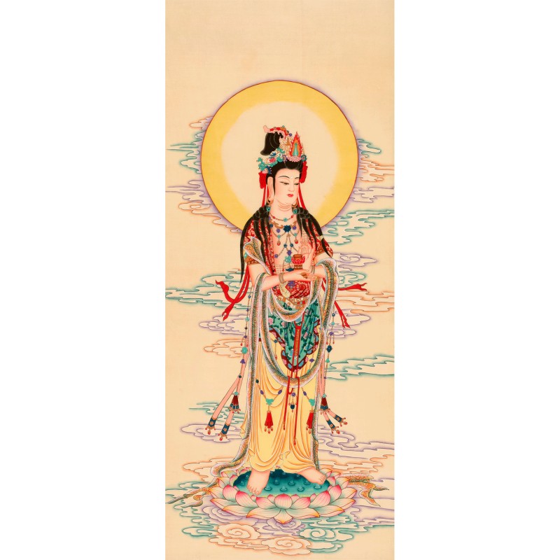 工笔人物国画西方三圣阿弥陀佛观音画像玄关书房中式卷轴画框挂画
