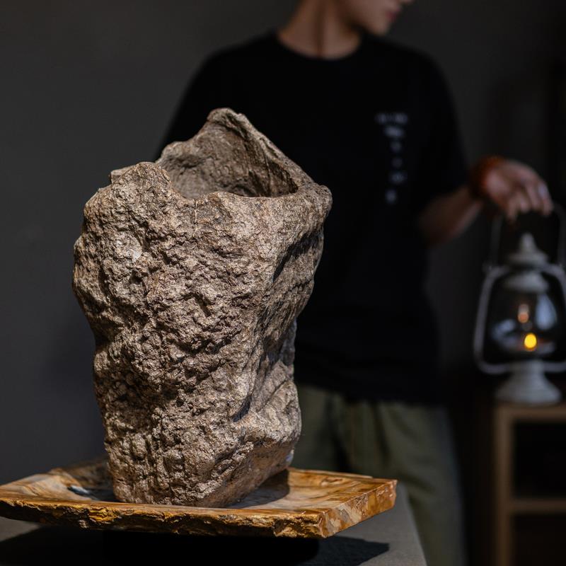 侘寂风仿石头花瓶摆件创意水泥花器装饰艺术复古禅意绿植竹子花盆
