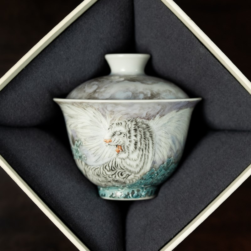 圣山仿古手绘粉彩白虎盖碗景德镇手绘陶瓷茶具盖碗茶杯泡茶盖碗