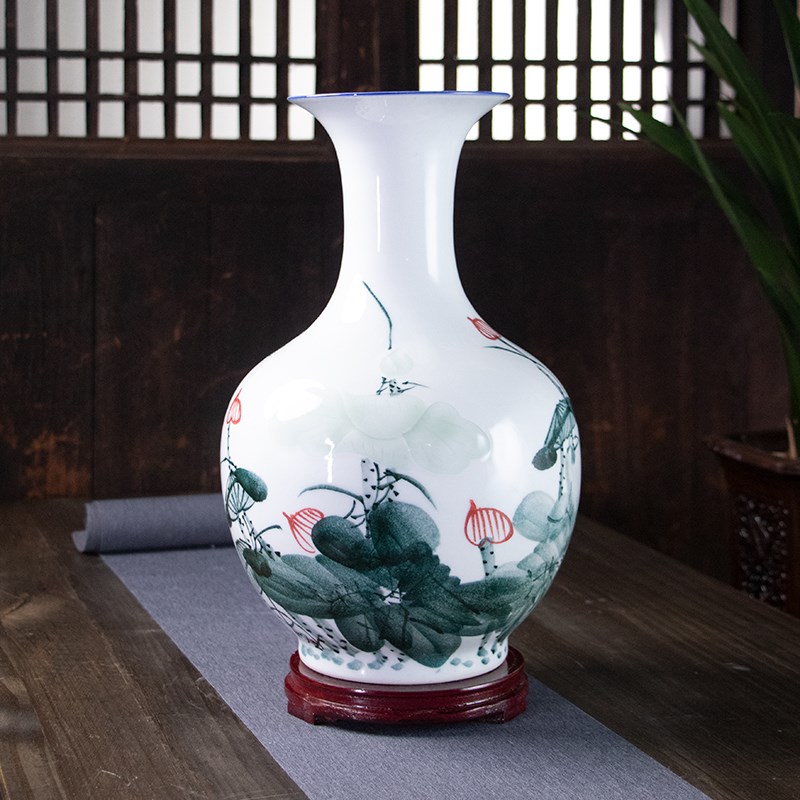 景德镇陶瓷中式小花瓶手绘荷花客厅电视柜酒柜装饰富贵竹插花摆件