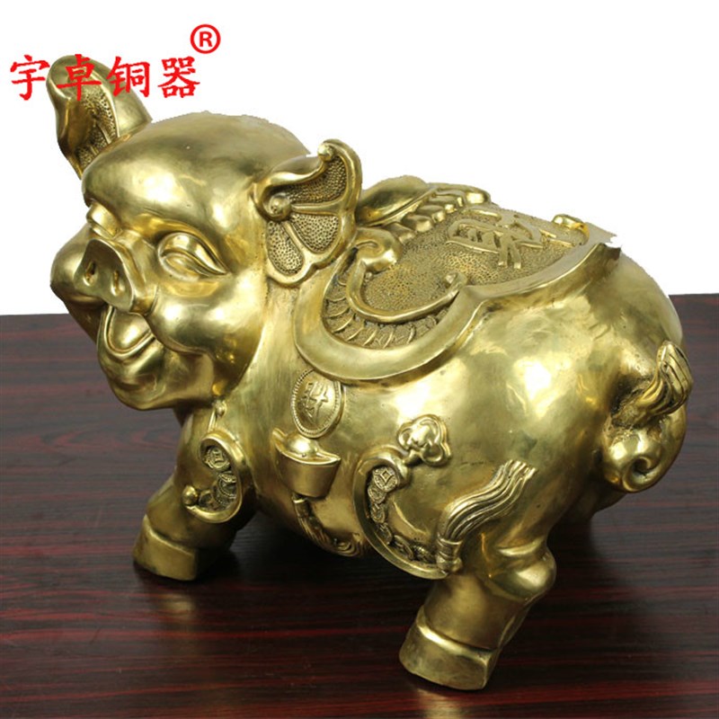 宇卓铜器 纯铜猪踩元宝葫芦猪福禄工艺品摆饰生肖猪黄铜财福猪