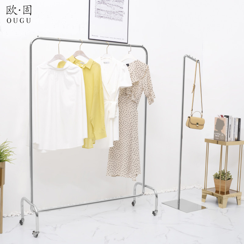 服装店组合挂衣架不锈钢带轮子银色落地式中岛陈列架女装店展示架