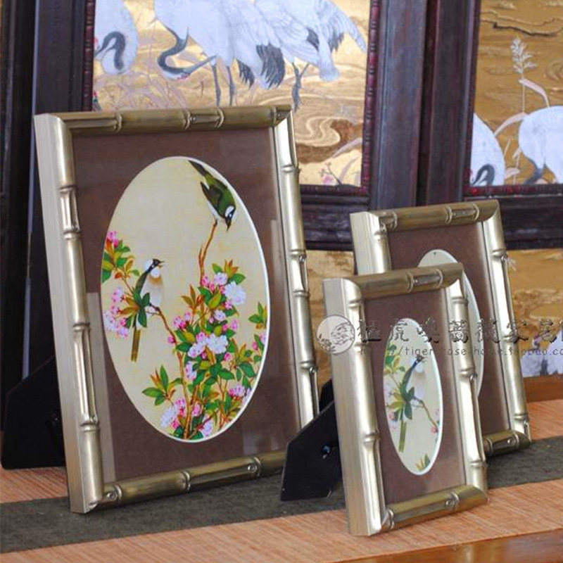 新中式中古风高级感禅意银色花鸟实木竹子竹节圆角相框艺术摆台