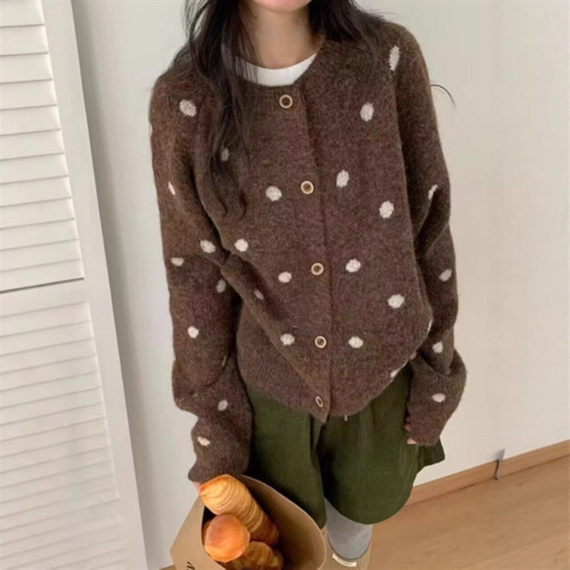 韩版圆领波点针织开衫女2025秋冬新款宽松慵懒风百搭软糯毛衣外套