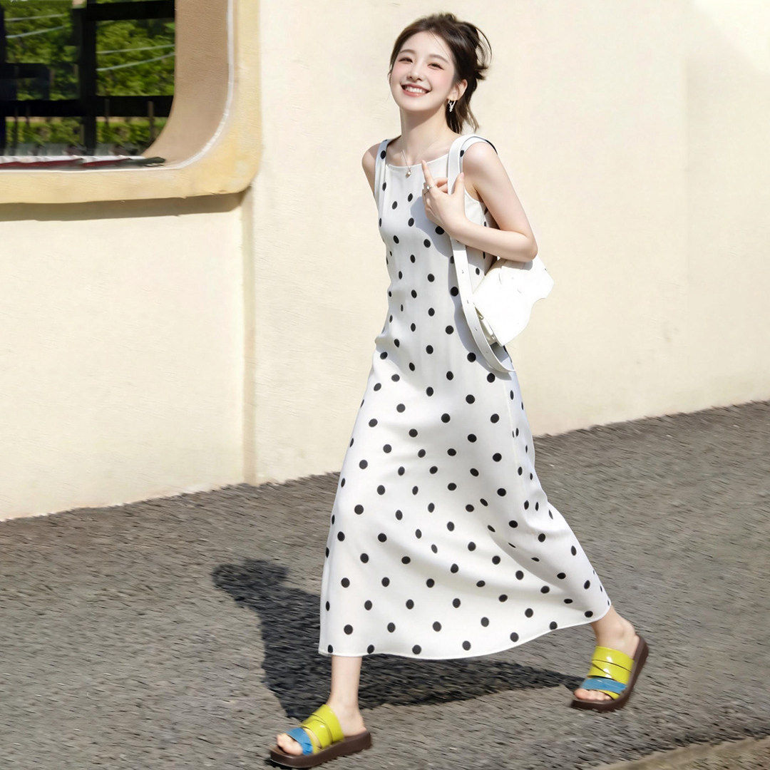 白色波点圆领背心连衣裙女2026春季新款轻熟小众不撞款无袖长裙子