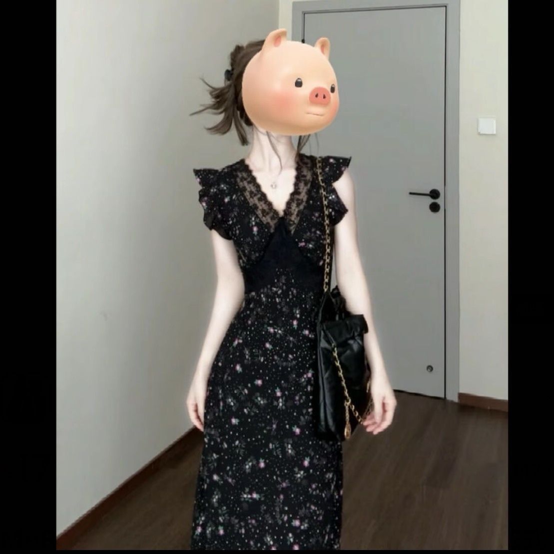 黑色蕾丝碎花连衣裙女夏