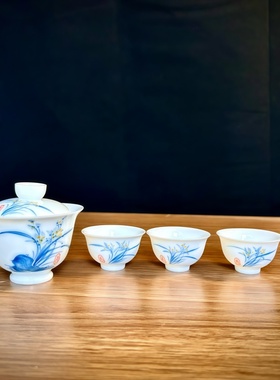 冰种玉瓷兰花手绘盖碗单个薄胎泡茶简约泡茶碗功夫茶具杯家用白瓷