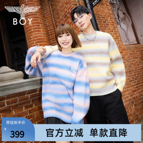 BOYLONDON春季条纹撞色学院潮牌男女同款圆领套头针织毛衣N60900