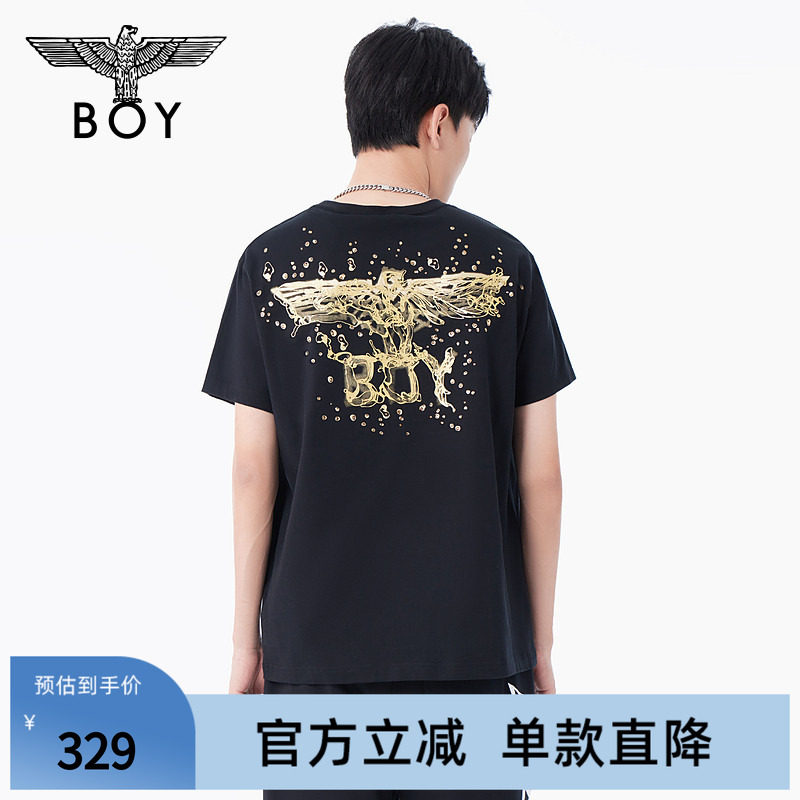BOYLONDON夏情侣款短袖立体浮雕印花烫钻潮牌圆领T恤N01037