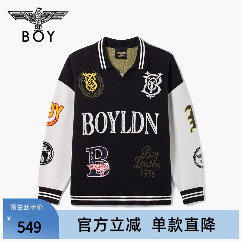 BOYLONDON美式潮流翻领棒球运动毛衣POLO领男女针织套头衫N60910