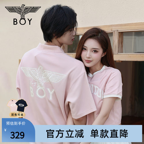 BOYLONDON夏情侣款T恤学院风奶油印花粉色短袖POLO衫N01088