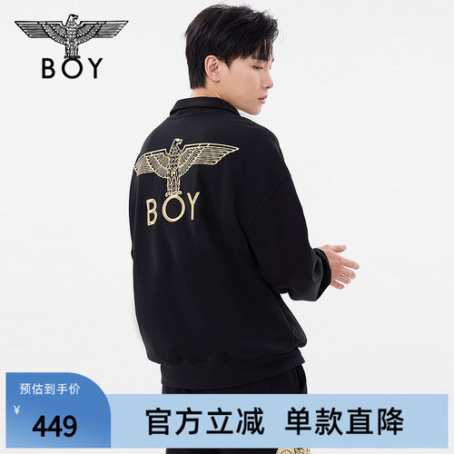 BOYLONDON春季情侣款长袖简约潮牌刺绣时尚半拉链立领卫衣N03070