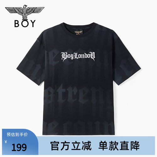 BOYLONDON街头潮酷炭黑渐变暗纹字母印花短袖夏男女纯棉T恤N01040