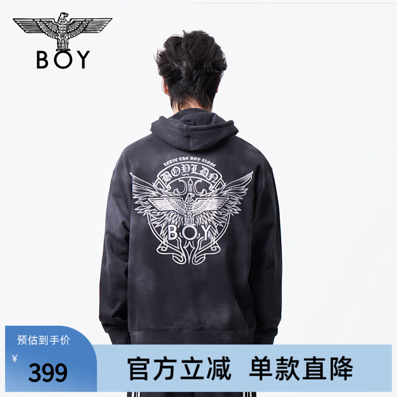 BOYLONDON春季情侣款烫银烫钻潮牌连帽套头长袖卫衣N04007