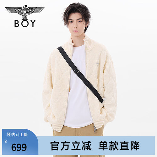 BOYLONDON春季情侣款针织衫格纹提花慵懒立领开衫外套N64008