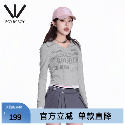 BOYBY BOY潮牌秋新款V领长袖T恤百搭休闲字母印花女上衣