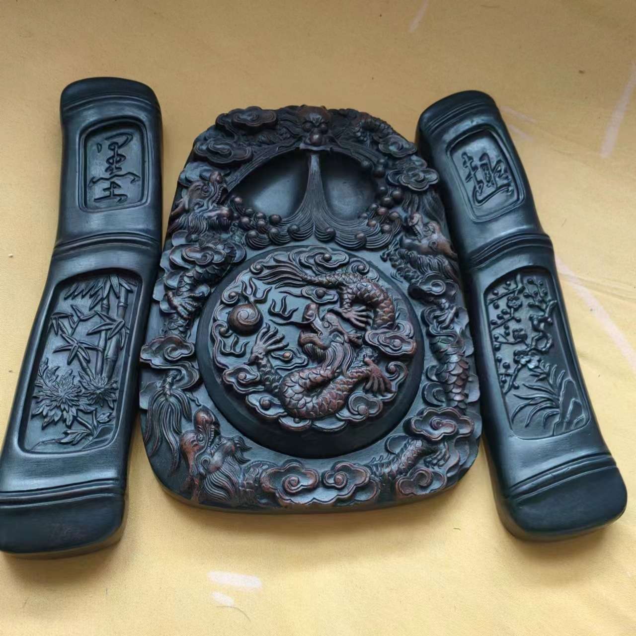 仿古文房四宝山西斋选黄河澄泥砚龟九龙砚毛笔书法可磨墨带盖砚台
