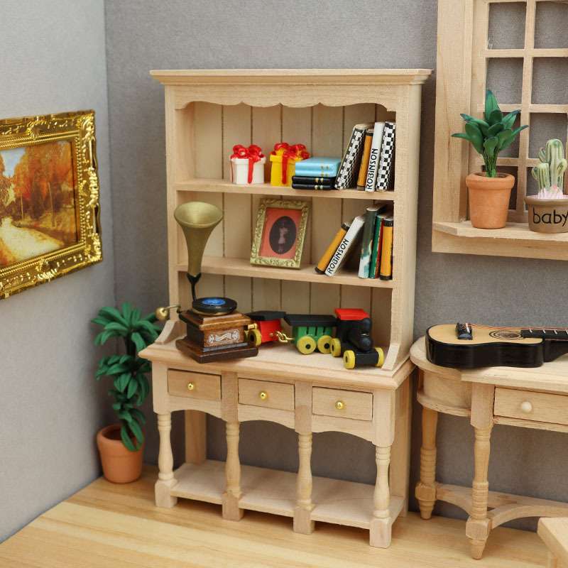 1:12迷你娃娃屋dollhouse家具微缩书房摆件木质书柜三层柜带抽屉