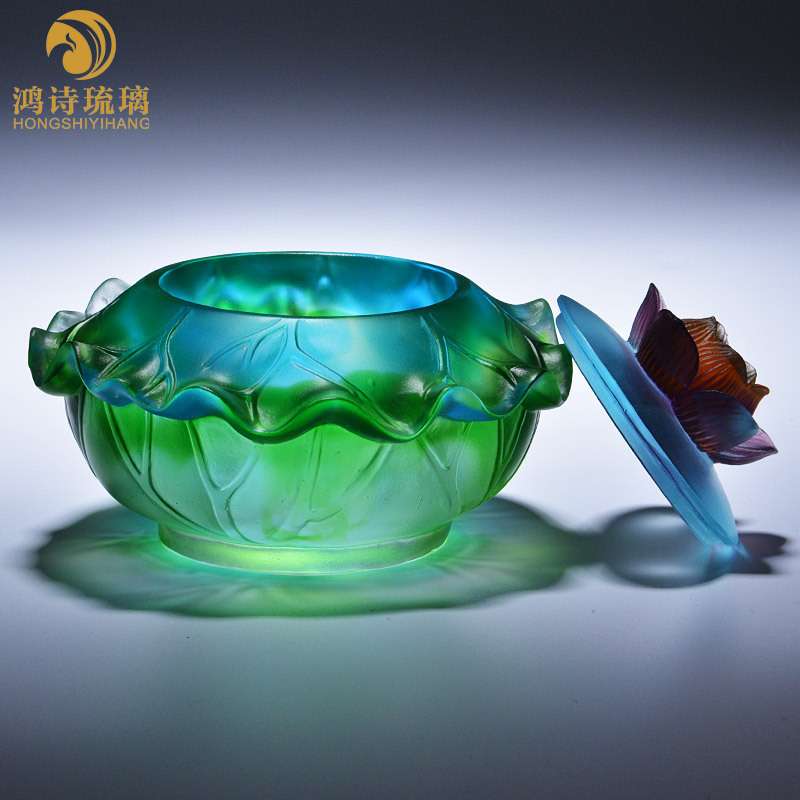 鸿诗琉璃荷花聚宝盆摆件玄关钥匙收纳存钱罐成人家装摆设