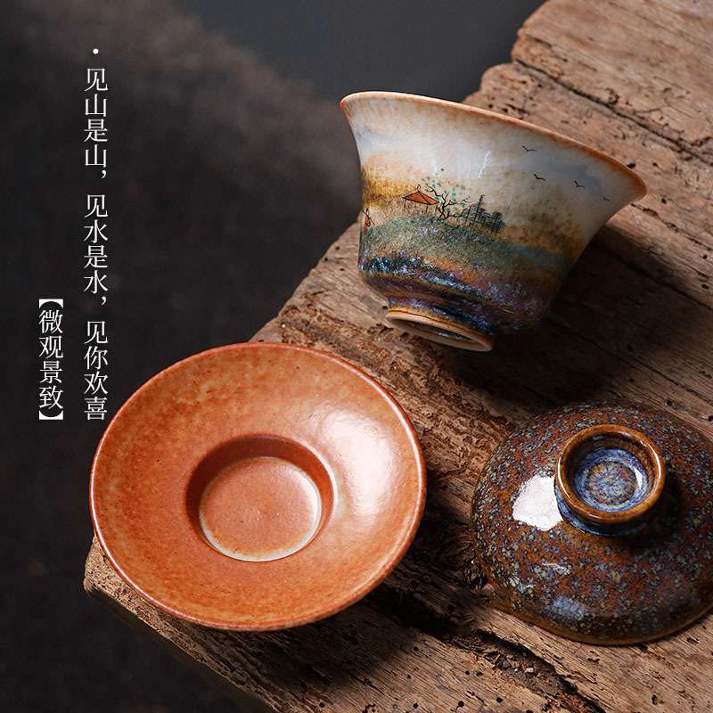 唐宋火烧云三才盖碗 志野烧纯手工陶瓷创意景德镇市手绘茶碗茶杯