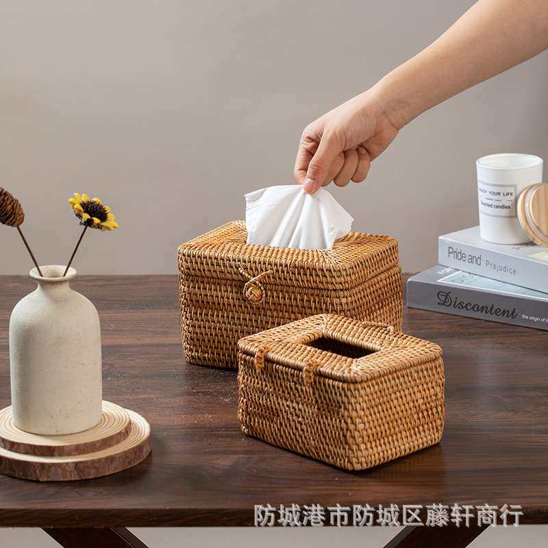 越南秋藤编纸巾盒餐厅家用抽纸盒收纳盒编织纸巾筒田园民宿餐纸盒