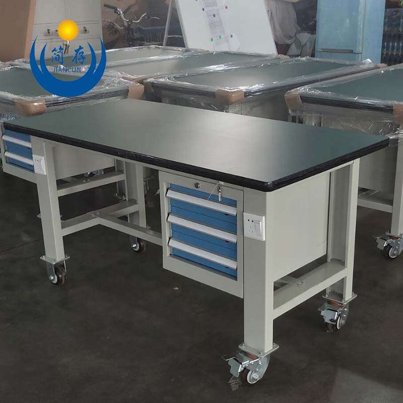 移动型三抽重型防静电工作台 吊柜绿色复合桌面钳工桌 铁板操作台