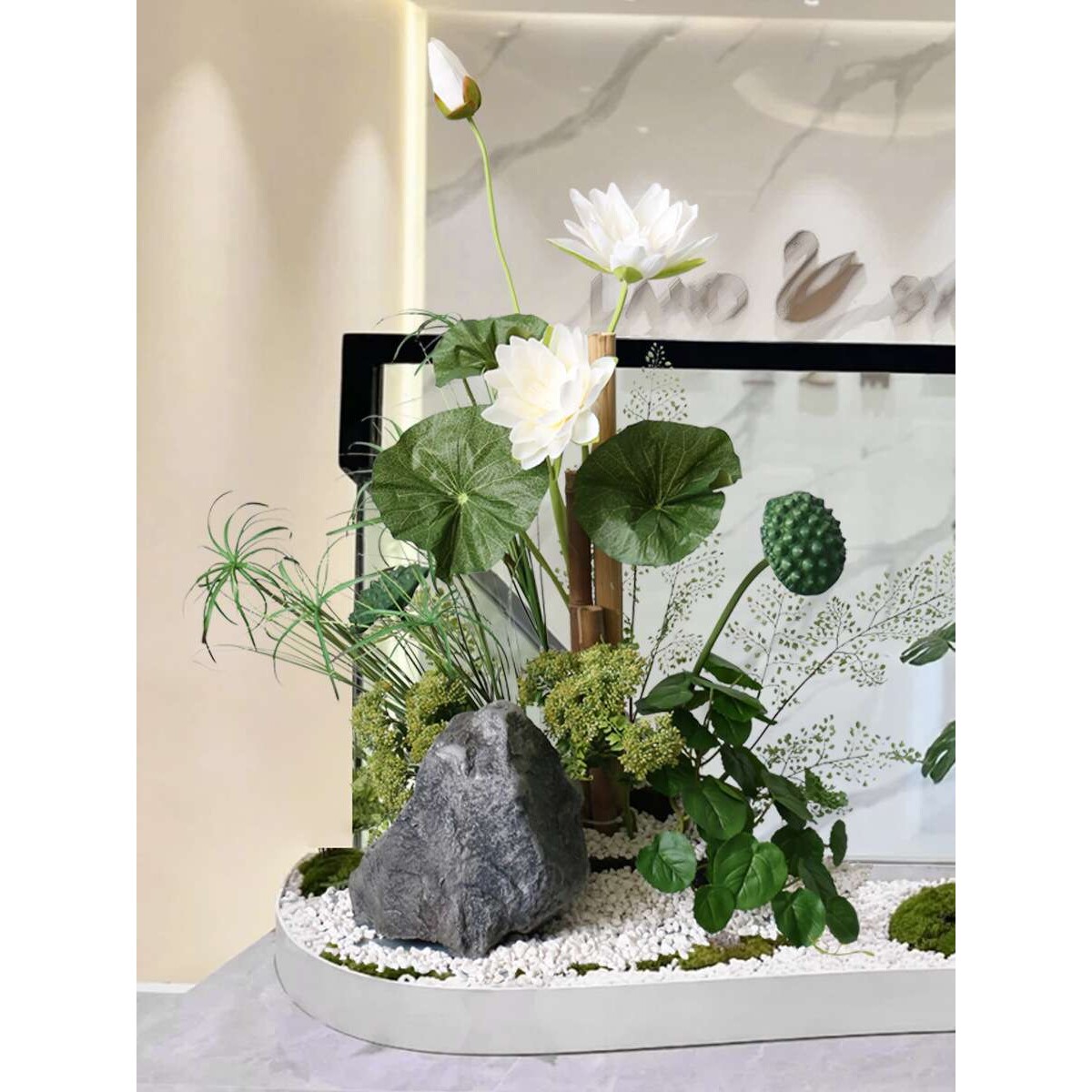 仿真荷花植物造景酒店餐厅禅意绿植摆件花艺小景竹子莲蓬落地景观